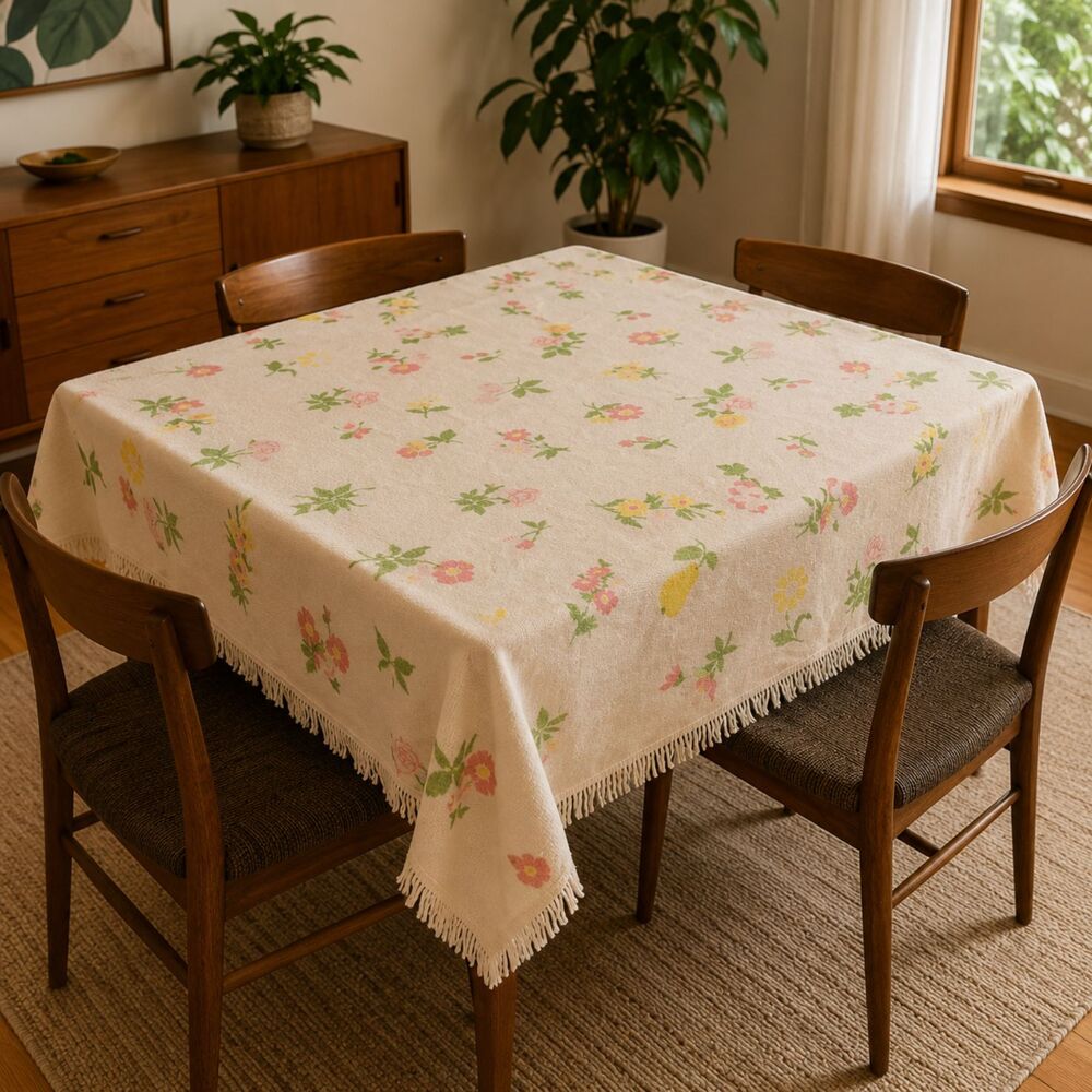 Vintage 1950s Terry Cloth Tablecloth Floral Fringe 54x66 Mid Century Cottage